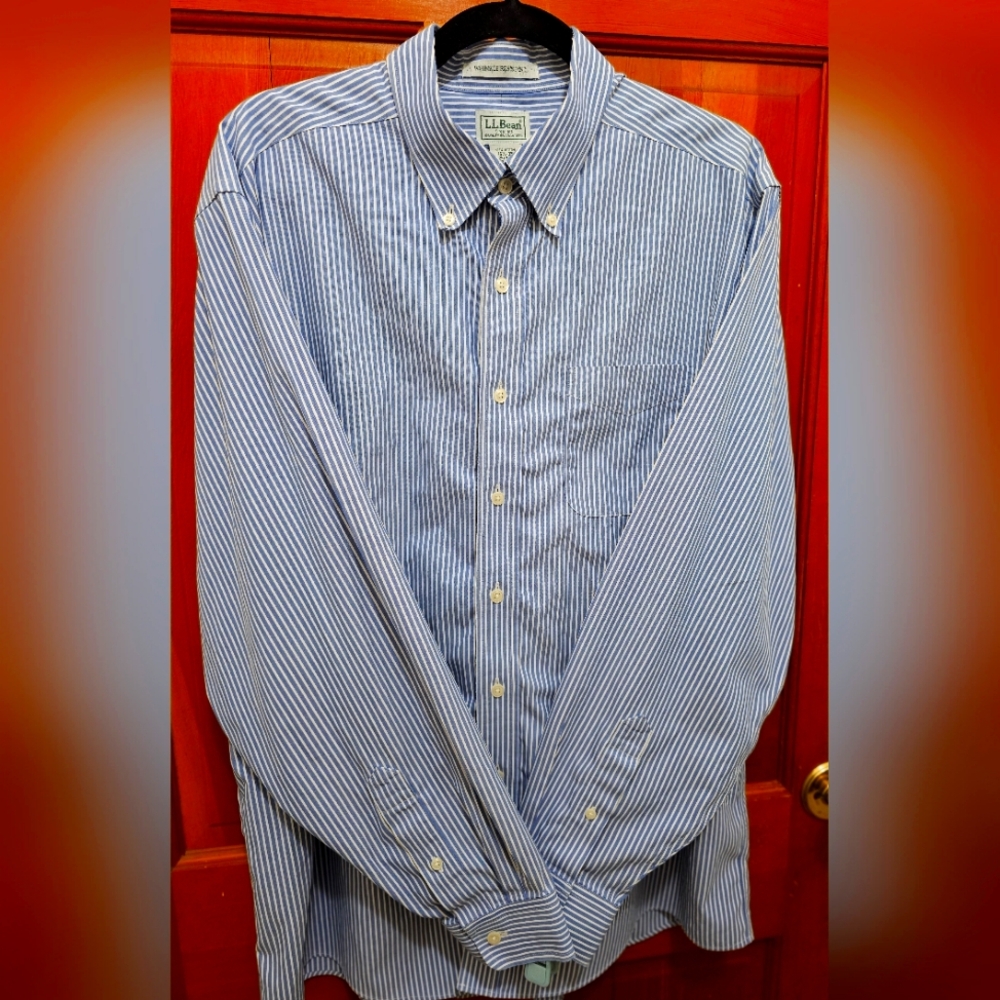 VINTAGE MENS LL BEAN BUTTON UP LONG SLEEVE SHIRT WHITE BLUE STRIPED USA